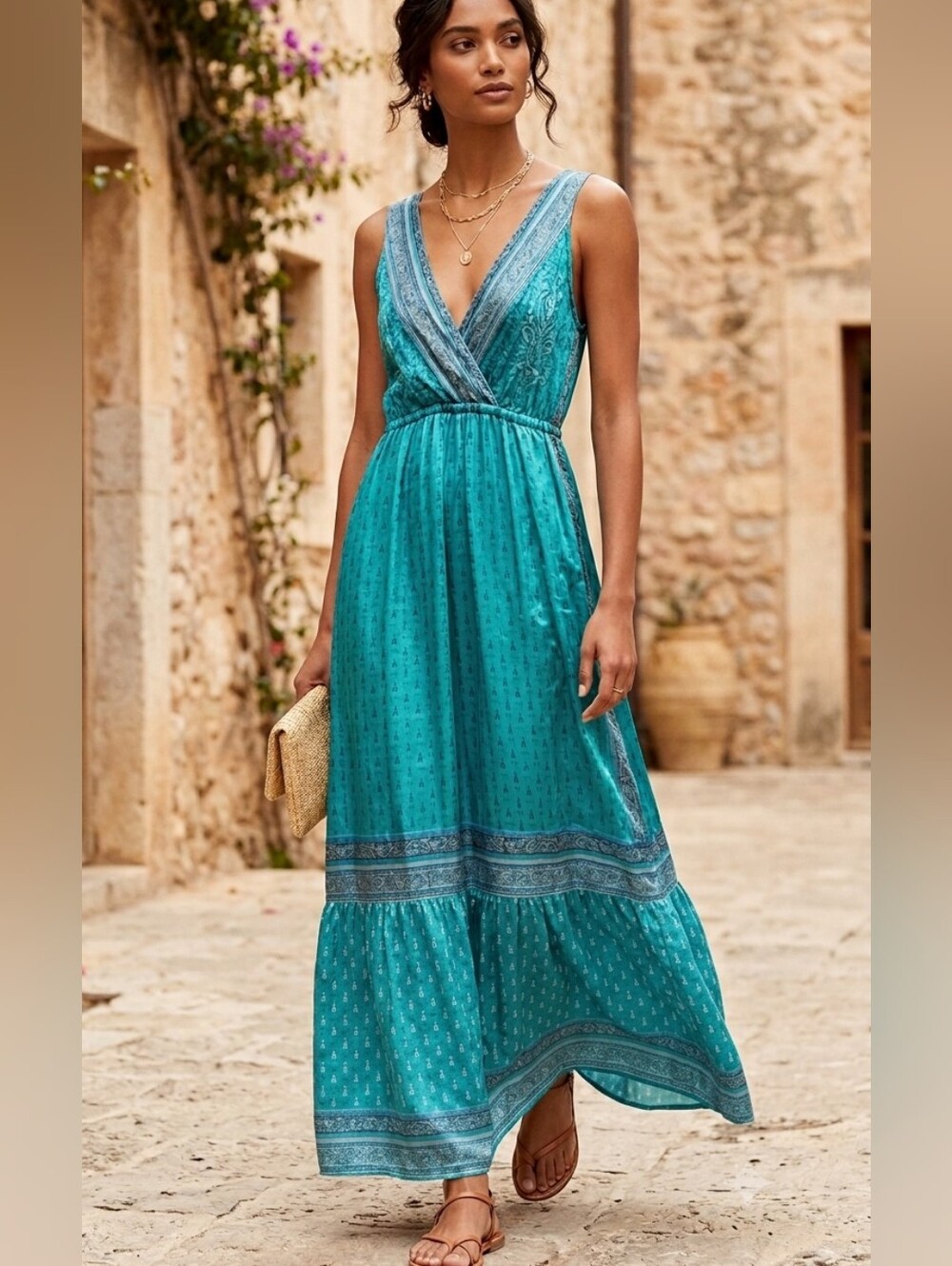 Anthropologie Silk Boho Teal V-Neck Maxi Dress Made In India Size Xs